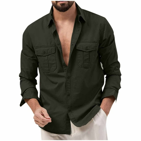 Lumtrix Men's Casual Button Down Shirt Long Sleeve Untucked Shirt Stretch Lightweight Denim Dress Shirt with Pockets Army Green XL