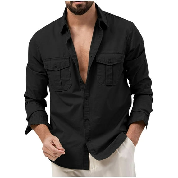 Lumtrix Men's Casual Button Down Shirt Long Sleeve Untucked Shirt Stretch Lightweight Denim Dress Shirt with Pockets Black M
