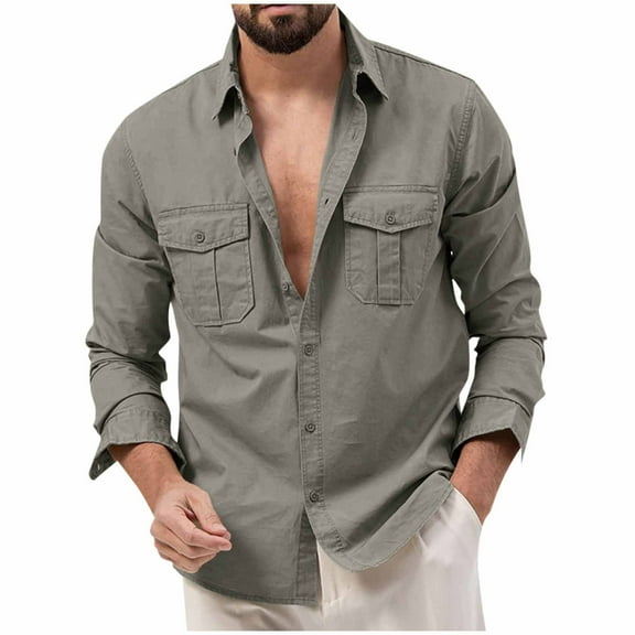 Lumtrix Men's Casual Button Down Shirt Long Sleeve Untucked Shirt Stretch Lightweight Denim Dress Shirt with Pockets Gray XL