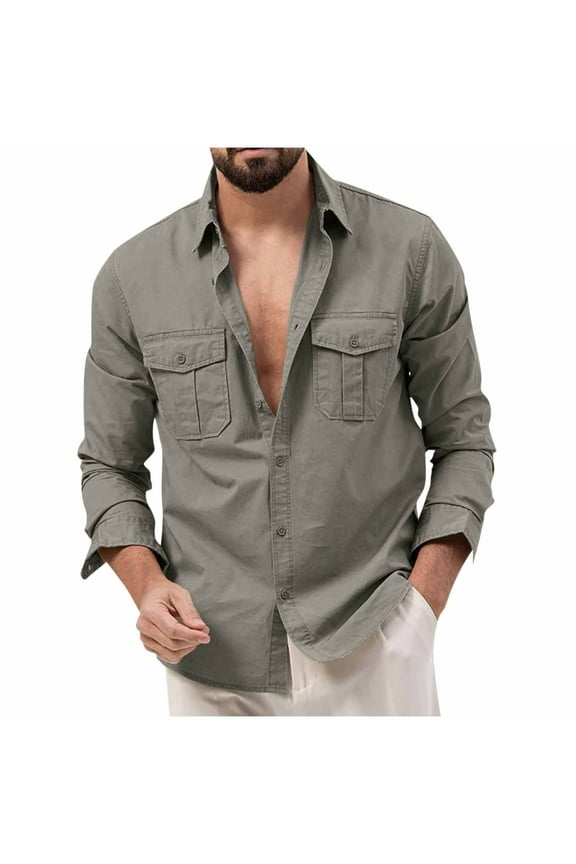 Men's Casual Button Down Shirt Long Sleeve Untucked Shirt Stretch Lightweight Denim Dress Shirt with Pockets Gray XL
