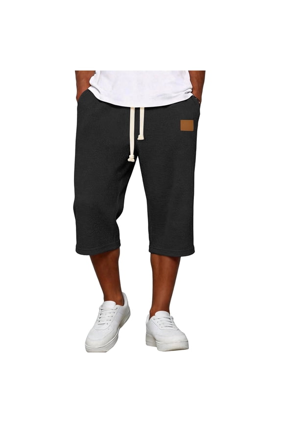 Men's Casual Elastic Waist Waffle Capri Pants Wide Leg Baggy Cotton 3/4 Length Trousers witn Pockets Black M