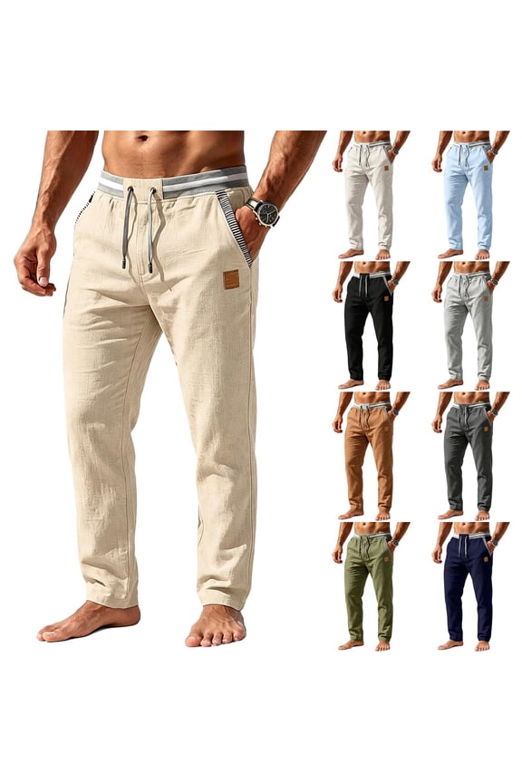 Men's Casual Linen Pants Elastic Waist Drawstring Summer Beach Trousers with Pockets Lightweight Straight Leg Slacks Light Gray S