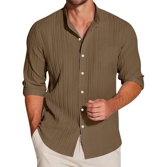Lumtrix Men's Cotton Linen Shirts Casual Button Down Long Sleeve Dress Shirts Textured Business Wrinkle-Free Regular Fit Shirts Coffee XL