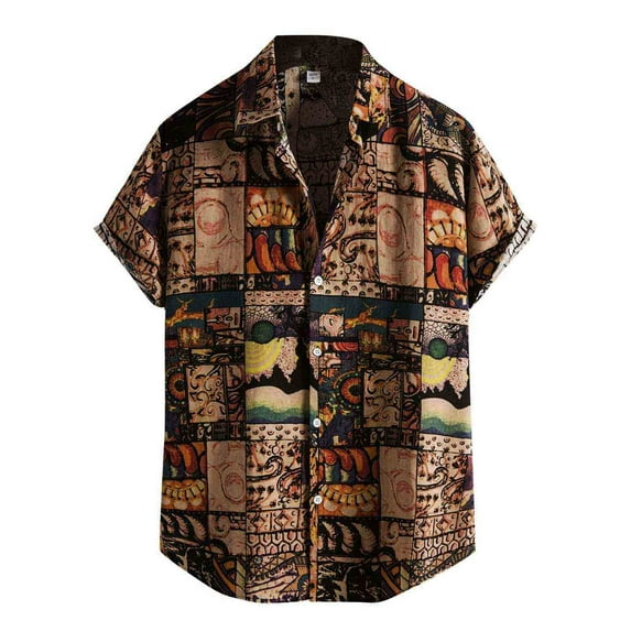 Lumtrix Men's Cotton Linen Vintage Pattern Printed Old Style Shirt Casual Short Sleeve Button Down Retro Shirts Brown 2XL
