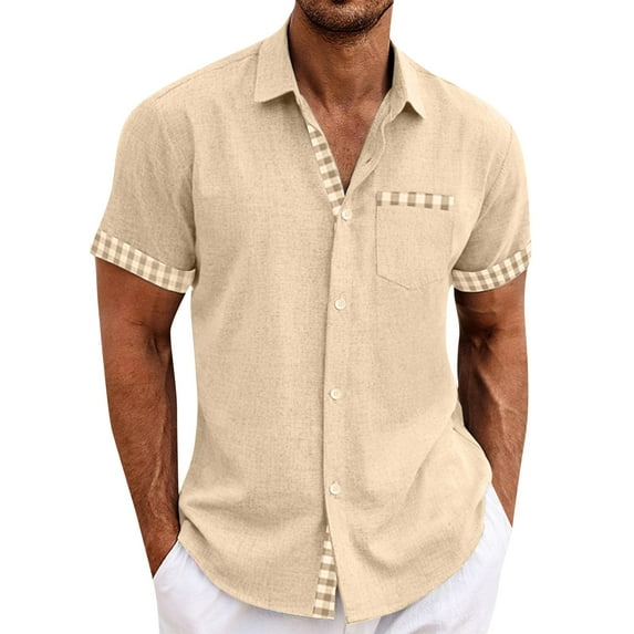 Lumtrix Men's Cuban Guayabera Shirt Short Sleeve Button Down Color Block Shirts Casual Summer Beach Shirts with Pocket Beige 3XL