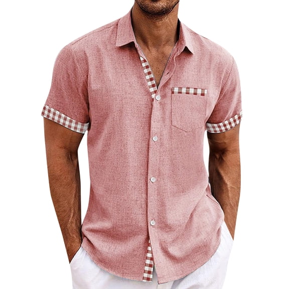 Lumtrix Men's Cuban Guayabera Shirt Short Sleeve Button Down Color Block Shirts Casual Summer Beach Shirts with Pocket Light pink L
