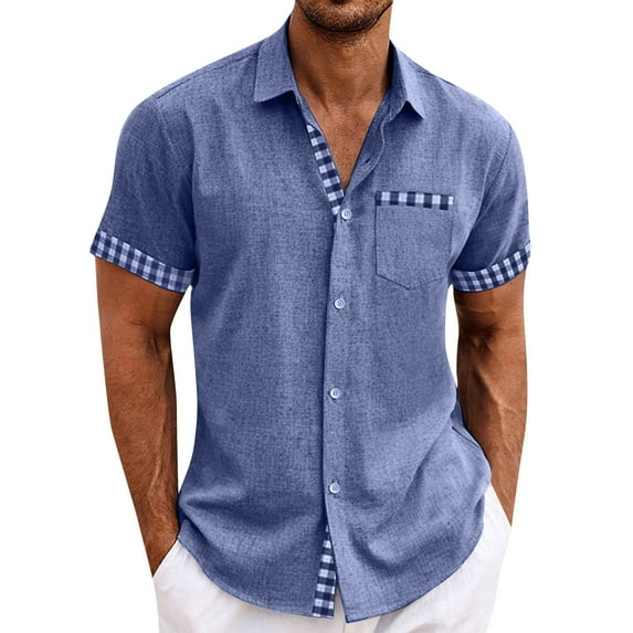 Lumtrix Men's Cuban Guayabera Shirt Short Sleeve Button Down Color Block Shirts Casual Summer Beach Shirts with Pocket Royal Blue M