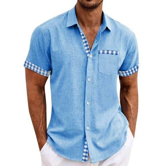 Lumtrix Men's Cuban Guayabera Shirt Short Sleeve Button Down Color Block Shirts Casual Summer Beach Shirts with Pocket Sky Blue XL