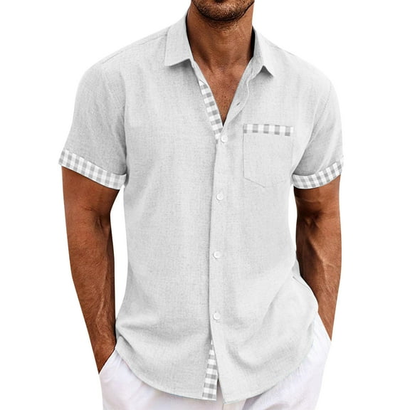 Lumtrix Men's Cuban Guayabera Shirt Short Sleeve Button Down Color Block Shirts Casual Summer Beach Shirts with Pocket White XL
