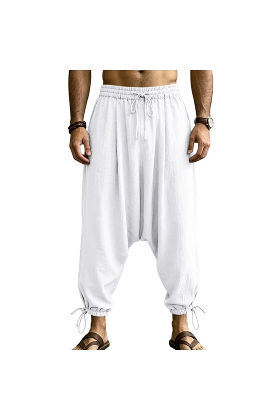 Men's Drawstring Hippie Harem Pants Loose Drop Crotch Trousers Linen Boho Yoga Beach Pants with Pockets White 2XL