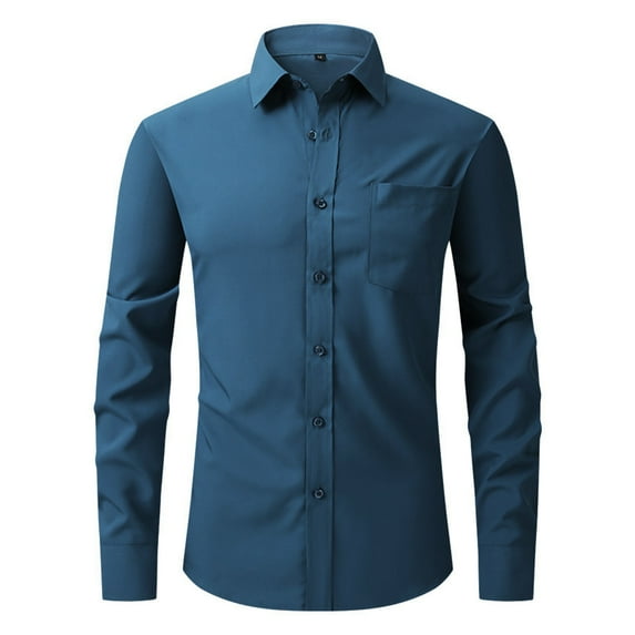 Lumtrix Men's Dress Shirt Slim Fit Stretch Stain Shield Long Sleeve Solid Color Business Button Down Shirts with Pocket Blue M