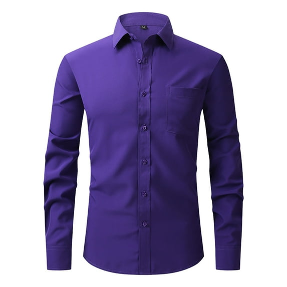 Lumtrix Men's Dress Shirt Slim Fit Stretch Stain Shield Long Sleeve Solid Color Business Button Down Shirts with Pocket Purple L