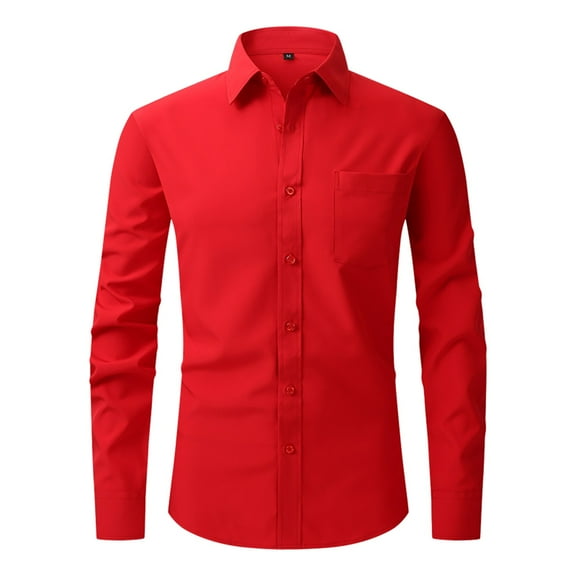 Lumtrix Men's Dress Shirt Slim Fit Stretch Stain Shield Long Sleeve Solid Color Business Button Down Shirts with Pocket Red L