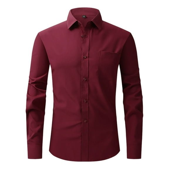 Lumtrix Men's Dress Shirt Slim Fit Stretch Stain Shield Long Sleeve Solid Color Business Button Down Shirts with Pocket Wine L
