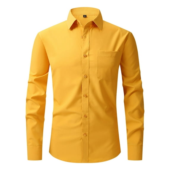 Lumtrix Men's Dress Shirt Slim Fit Stretch Stain Shield Long Sleeve Solid Color Business Button Down Shirts with Pocket Yellow 2XL