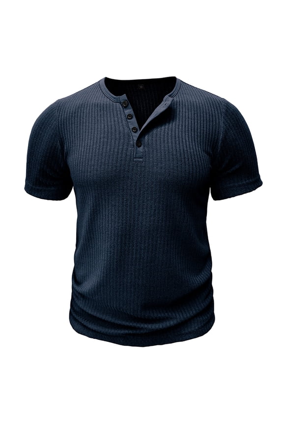 Men's Fitted Stretch Short Sleeve Henley Shirt Gym Athletic V Neck Casual T-Shirt Summer Ribbed Solid Tops Navy M