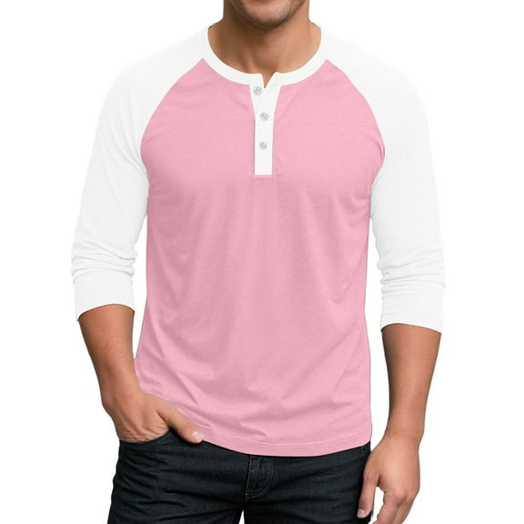 Lumtrix Men's Henley Cotton Shirt Casual 3/4 Sleeve Lightweight Button Baseball T Shirts Raglan Classic Color Block Top Light pink M