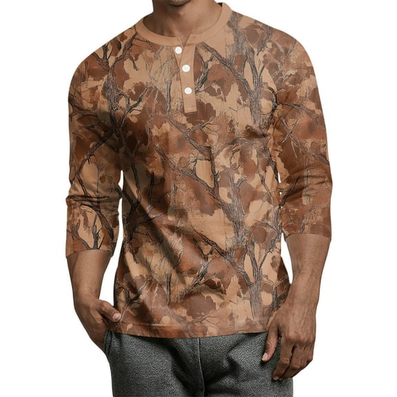 Lumtrix Men's Henley Shirt Essential Lightweight Performance 3/4 Sleeve TShirts Camouflage Crewneck Adult Vintage Shirt Brown L