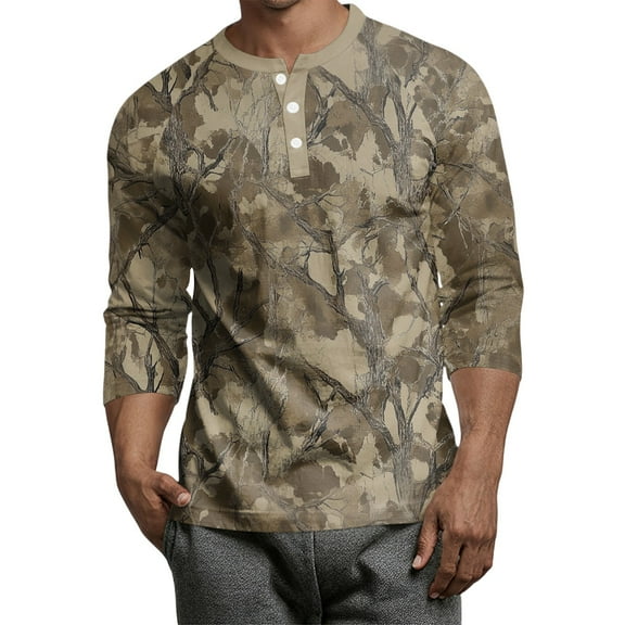 Lumtrix Men's Henley Shirt Essential Lightweight Performance 3/4 Sleeve TShirts Camouflage Crewneck Adult Vintage Shirt Khaki L