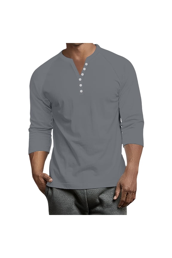 Men's Henley Shirts Long Sleeve Button Down T-Shirt Lightweight Fashion Casual Pullover Shirt Gray L