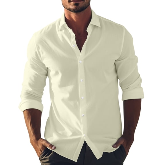 Lumtrix Men's Linen Shirts Casual Button Down Long Sleeve Shirt Solid Collar Summer Beach Shirts Big and Tall Dress Shirts Beige M