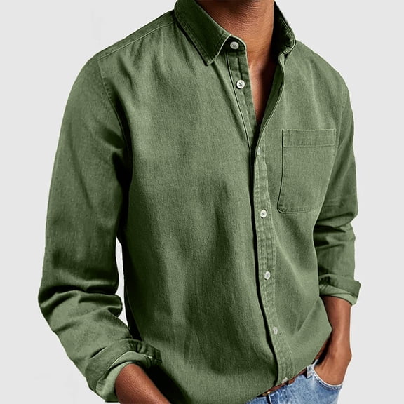 Lumtrix Men's Linen Shirts Casual Button Down Long Sleeve Shirt Solid Collar Summer Beach Shirts with Pocket Army Green 4XL