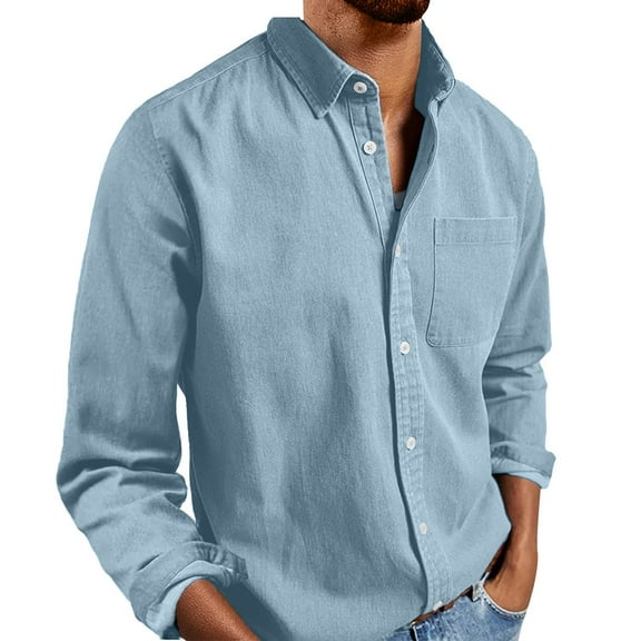 Lumtrix Men's Linen Shirts Casual Button Down Long Sleeve Shirt Solid Collar Summer Beach Shirts with Pocket Sky Blue XL