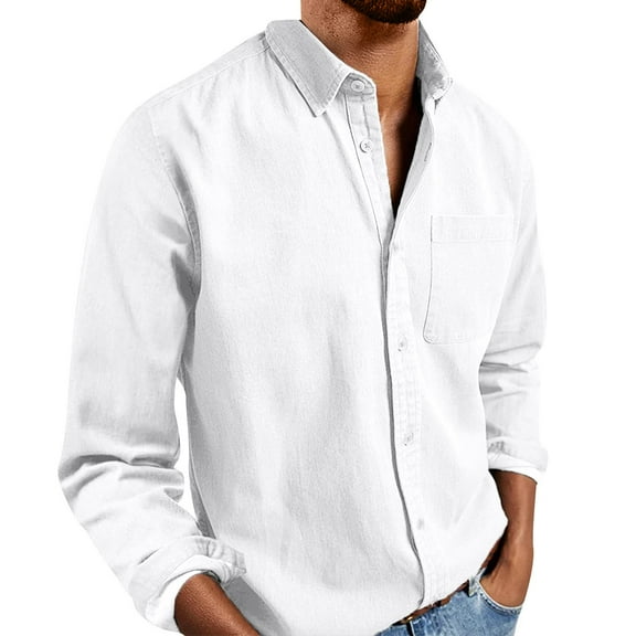 Lumtrix Men's Linen Shirts Casual Button Down Long Sleeve Shirt Solid Collar Summer Beach Shirts with Pocket White 3XL