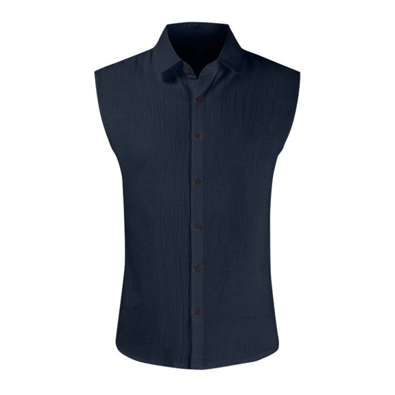 Lumtrix Men's Linen Sleeveless Shirts Button Down Beach Tank Top Basic Solid Shirt Vest Summer Beach Tank Tops Navy XL
