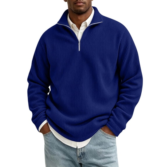 Lumtrix Men's Quarter Zip Up Pullover Mock Neck Long Sleeve Sweater Casual Corduroy Sweatshirt Lightweight Work Sports Tops Dark Blue M