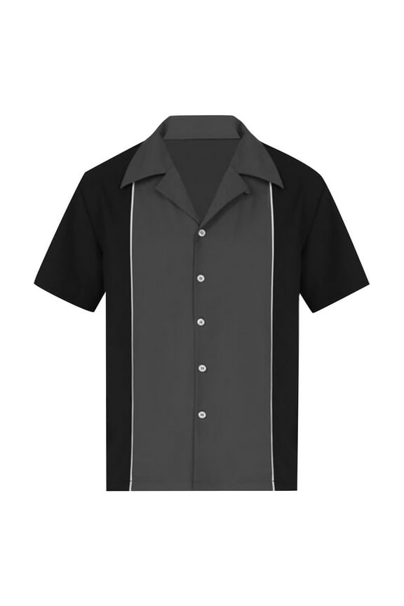 Men's Retro Bowling Shirt Short Sleeve Button Down Hawaiian Summer Beach Printed Casual Shirts Black 2XL