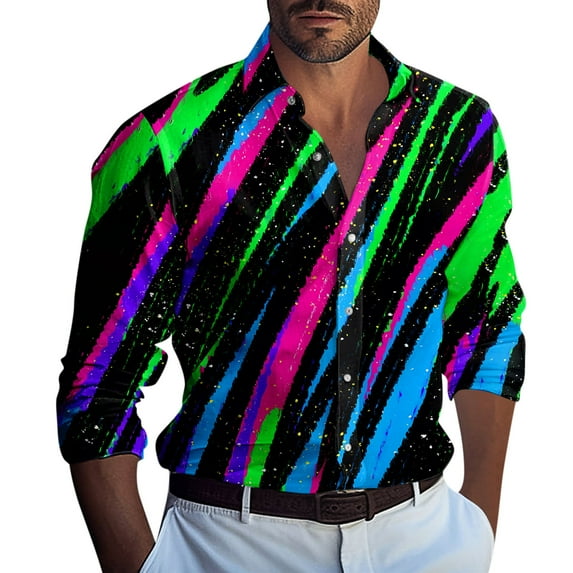 Lumtrix Men's Shirt Neon Print Casual Button Down Collar Shirts Long Sleeve Hippie Hawaiian Dress Shirts for Men Green 2XL