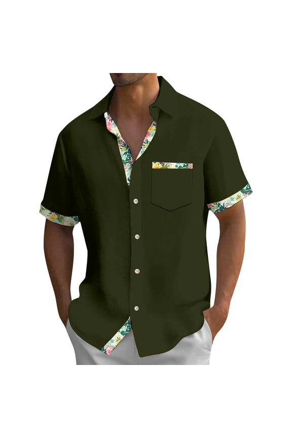 Men's Short Sleeve Dress Shirts Hawaiian Casual Button Down Shirts Color Block Formal Shirt with Pocket Army Green 4XL