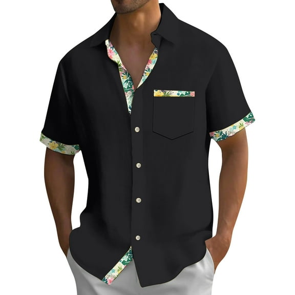 Lumtrix Men's Short Sleeve Dress Shirts Hawaiian Casual Button Down Shirts Color Block Formal Shirt with Pocket Black 4XL