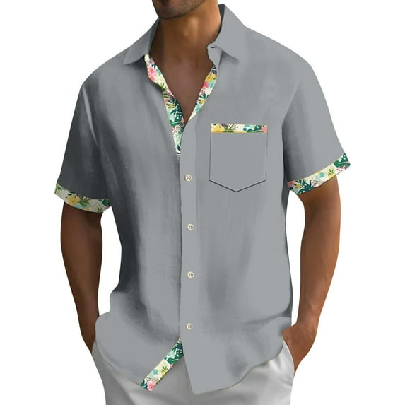 Lumtrix Men's Short Sleeve Dress Shirts Hawaiian Casual Button Down Shirts Color Block Formal Shirt with Pocket Gray 2XL