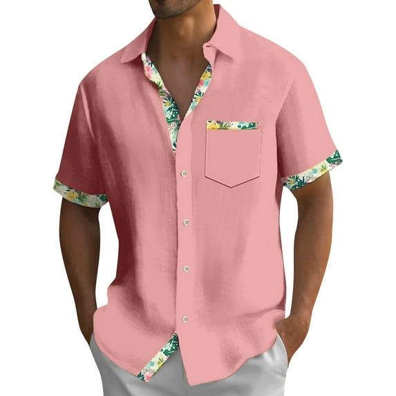 Lumtrix Men's Short Sleeve Dress Shirts Hawaiian Casual Button Down Shirts Color Block Formal Shirt with Pocket Pink L