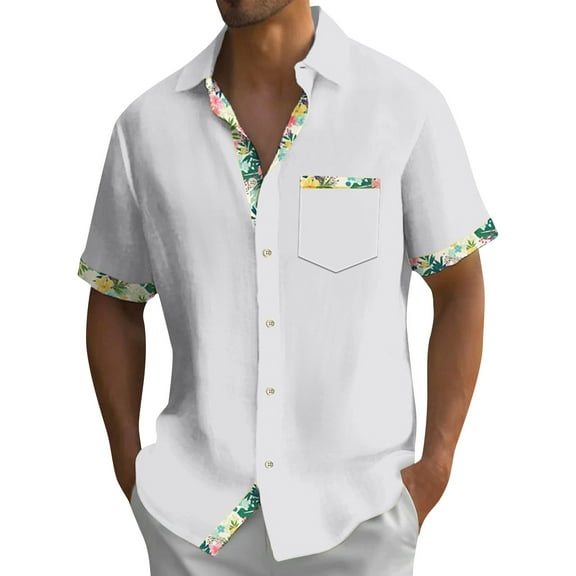 Lumtrix Men's Short Sleeve Dress Shirts Hawaiian Casual Button Down Shirts Color Block Formal Shirt with Pocket White 4XL
