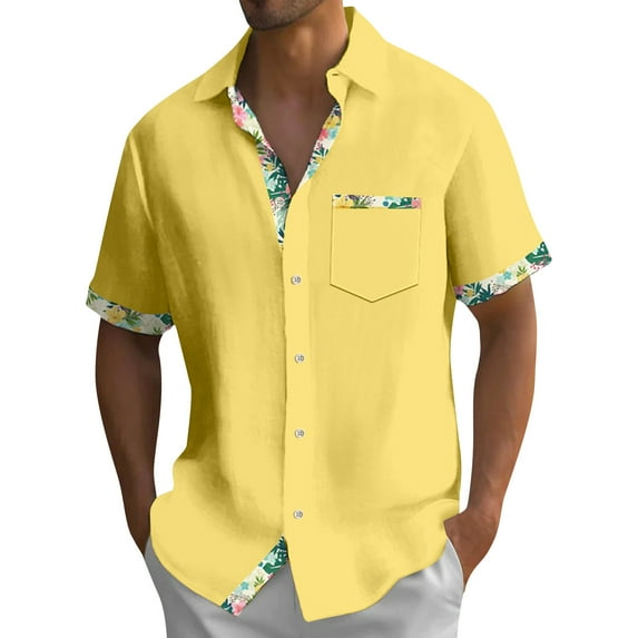 Lumtrix Men's Short Sleeve Dress Shirts Hawaiian Casual Button Down Shirts Color Block Formal Shirt with Pocket Yellow L