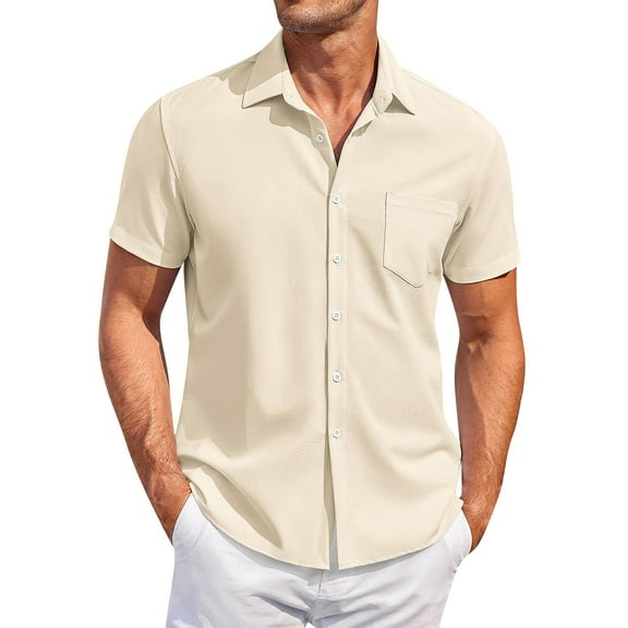 Lumtrix Men's Short Sleeve Dress Shirts Stretch Stain Shield Casual Button Down Shirts Solid Formal Shirt Beige XL