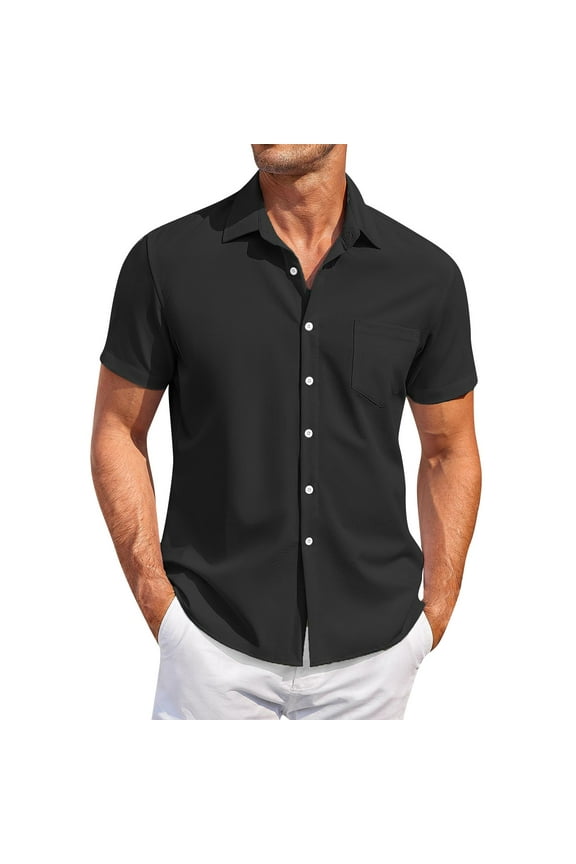 Men's Short Sleeve Dress Shirts Stretch Stain Shield Casual Button Down Shirts Solid Formal Shirt Black 2XL