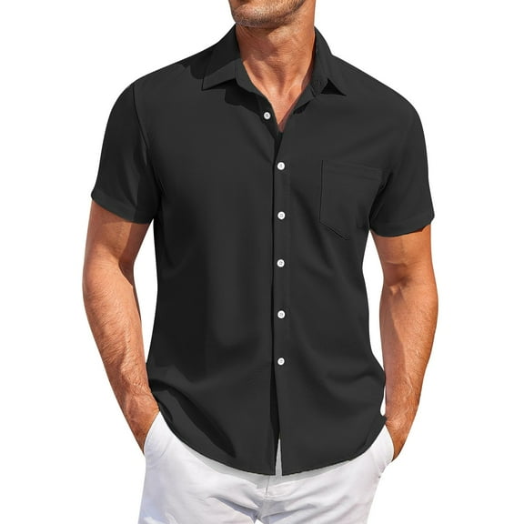 Lumtrix Men's Short Sleeve Dress Shirts Stretch Stain Shield Casual Button Down Shirts Solid Formal Shirt Black 2XL