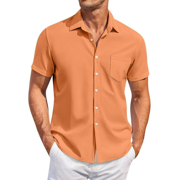 Lumtrix Men's Short Sleeve Dress Shirts Stretch Stain Shield Casual Button Down Shirts Solid Formal Shirt Orange XL