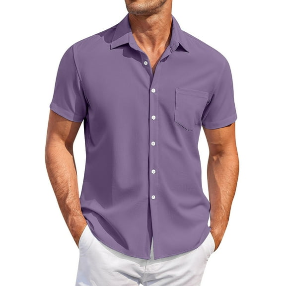 Lumtrix Men's Short Sleeve Dress Shirts Stretch Stain Shield Casual Button Down Shirts Solid Formal Shirt Purple XL