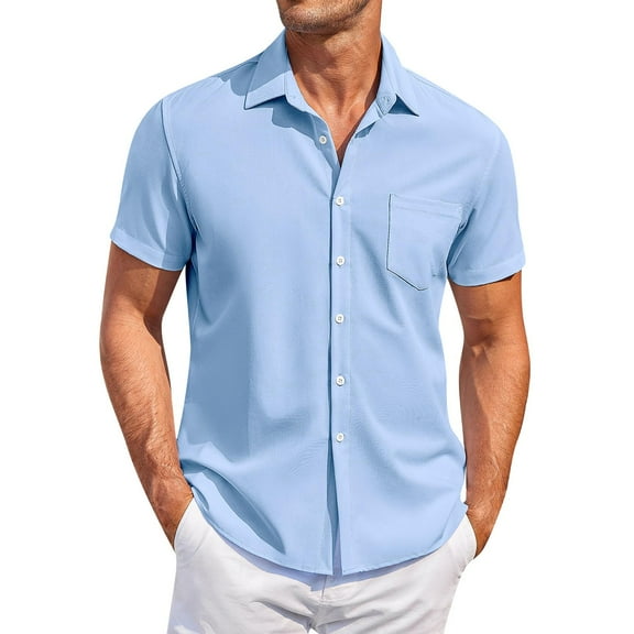 Lumtrix Men's Short Sleeve Dress Shirts Stretch Stain Shield Casual Button Down Shirts Solid Formal Shirt Sky Blue L