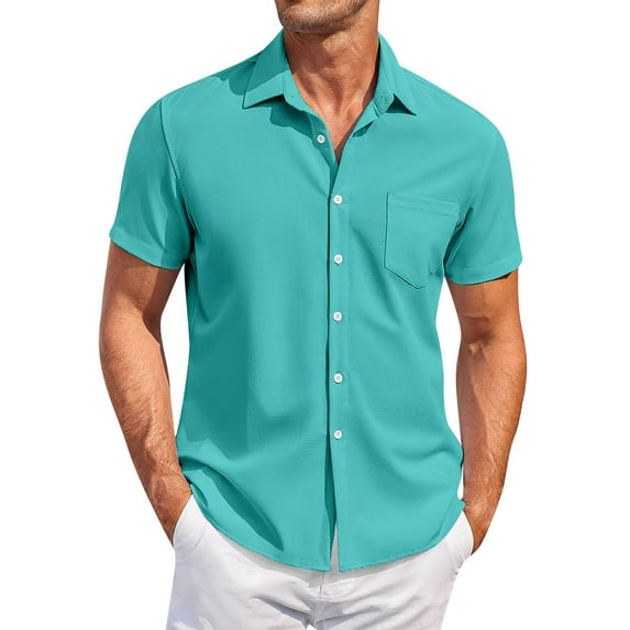 Lumtrix Men's Short Sleeve Dress Shirts Stretch Stain Shield Casual Button Down Shirts Solid Formal Shirt Turquoise 3XL
