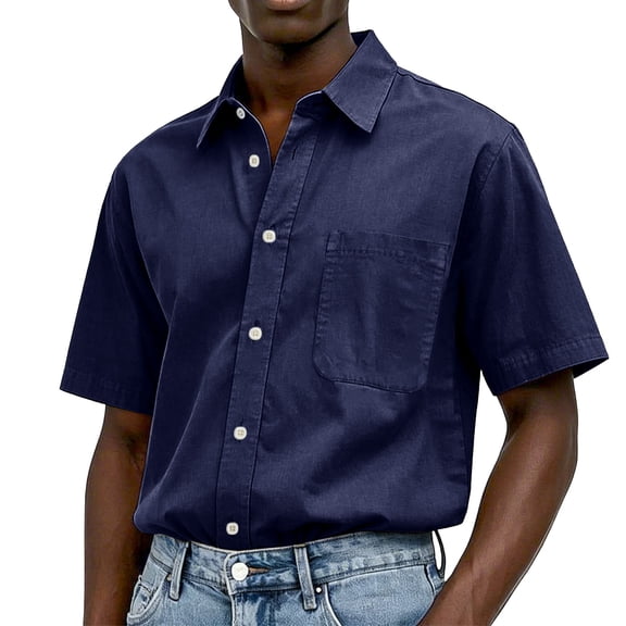 Lumtrix Men's Short Sleeve Dress Shirts Summer Casual Button Down Shirt Loose Fitted Collared Tops Navy M
