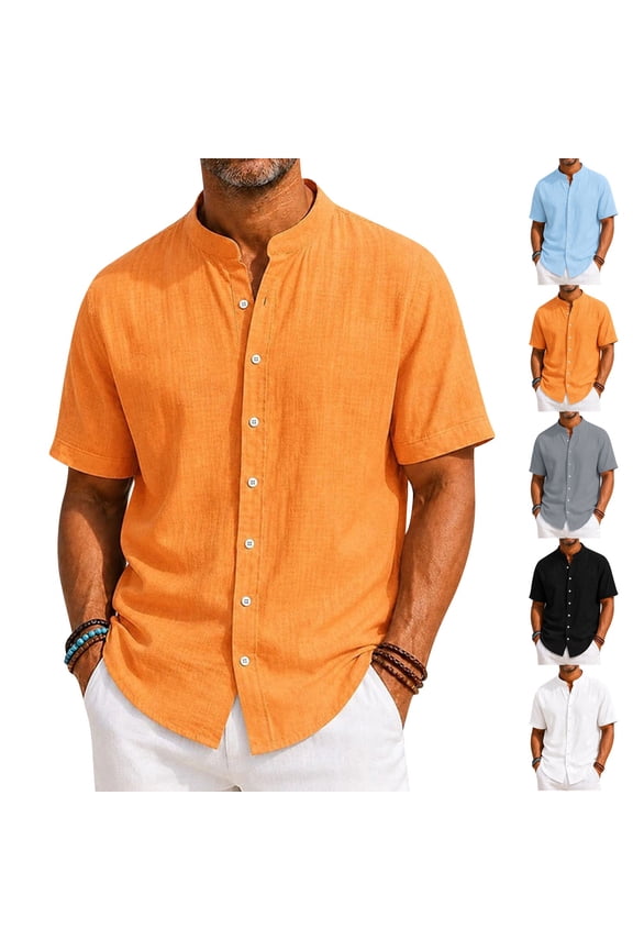 Men's Short Sleeve Shirt Casual Solid Color Mandarin Collar Button Down Shirt Summer Beach Vacation Loose Fit Tops Saffron 2XL