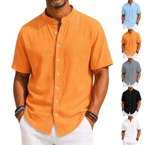 Lumtrix Men's Short Sleeve Shirt Casual Solid Color Mandarin Collar Button Down Shirt Summer Beach Vacation Loose Fit Tops White XL