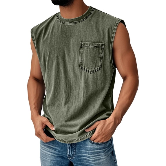 Lumtrix Men's Sleeveless Shirts Workout Distressed Tank Tops Muscle Summer Beach Casual Oversized Tee with Pocket Army Green 2XL
