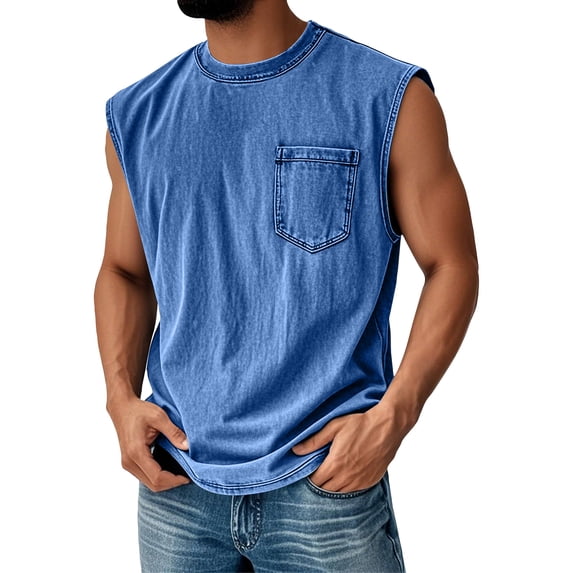 Lumtrix Men's Sleeveless Shirts Workout Distressed Tank Tops Muscle Summer Beach Casual Oversized Tee with Pocket Blue S
